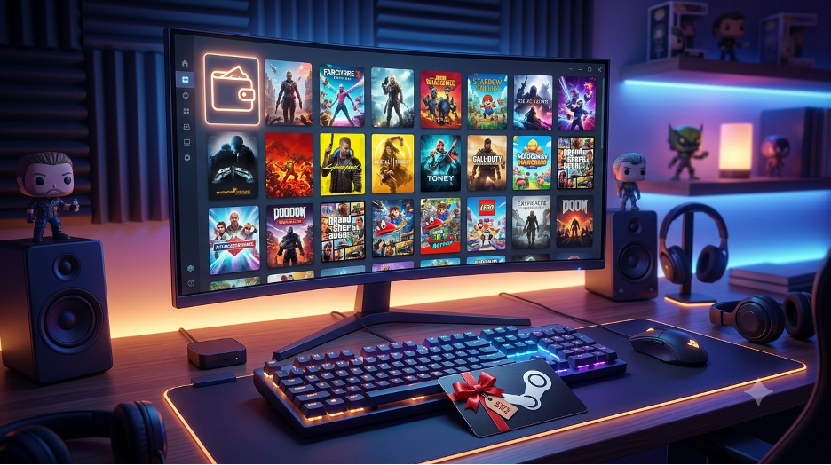 Steam gift card used to buy top PC games from the Steam Store in 2026 with a modern gaming setup.