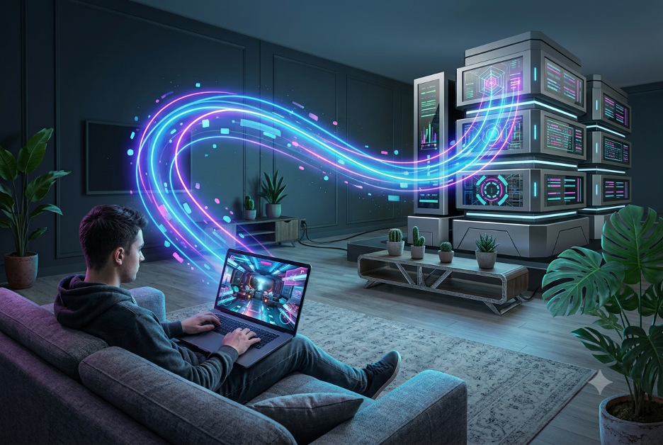 Cloud gaming technology enabling low-latency streaming and seamless cross-device gameplay on PC, smartphone, tablet, and smart TV in 2026.