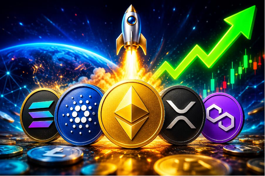 Emerging altcoin projects with blockchain technology, cryptocurrency market charts, and potential growth trends for 2026.