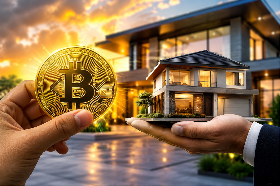 Bitcoin used for home purchases with crypto mortgage technology, real estate financing, and blockchain payment trends in 2026.